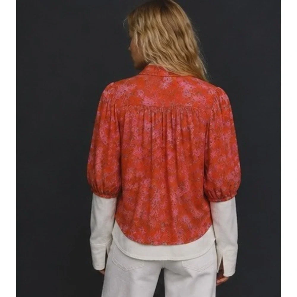 Free People Celia Floral Tie Front Button Blouse Burnt Orange Pink XS NWT
